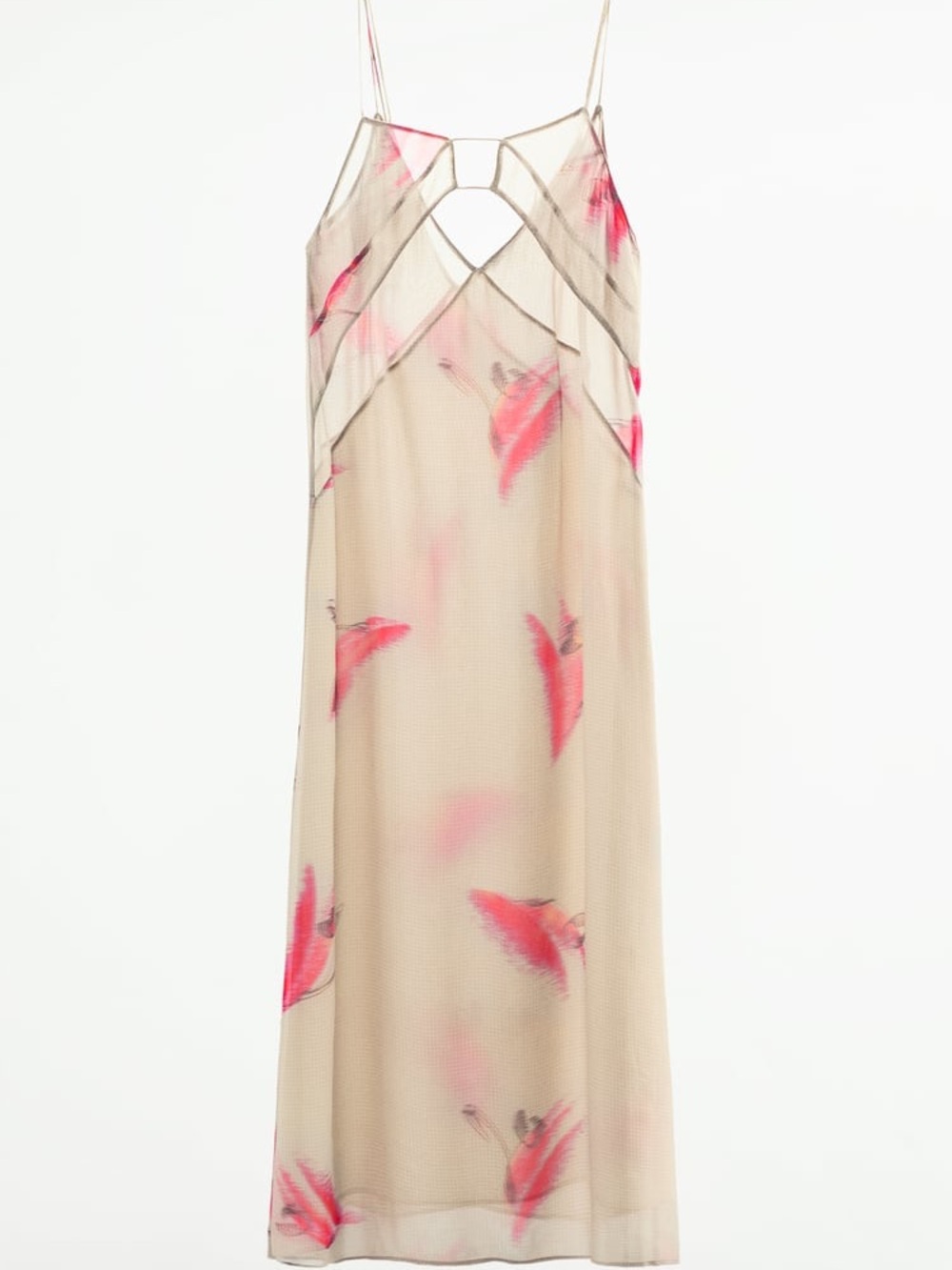 Zara Beige Maxi Slip Dress with Pink Floral Accents